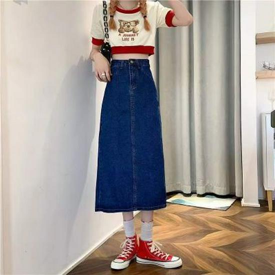 Saia Jeans Feminina Cintura Alta Linha A - Slim, Alongadora, Comprimento Médio a Longo para Outono 2022