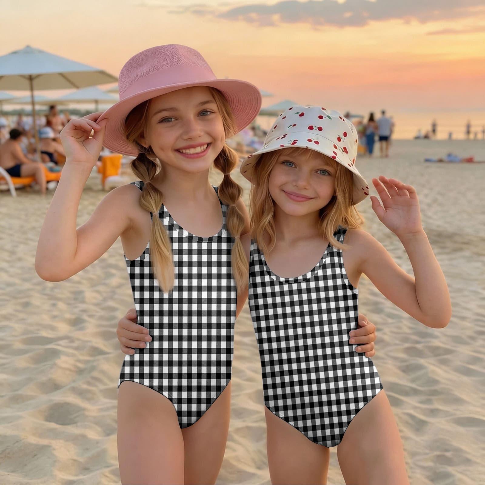 

Girls One Piece Swimsuit Checkered Pattern Summer Beachwear Children Swimwear Lightweight Comfortable Fit 130