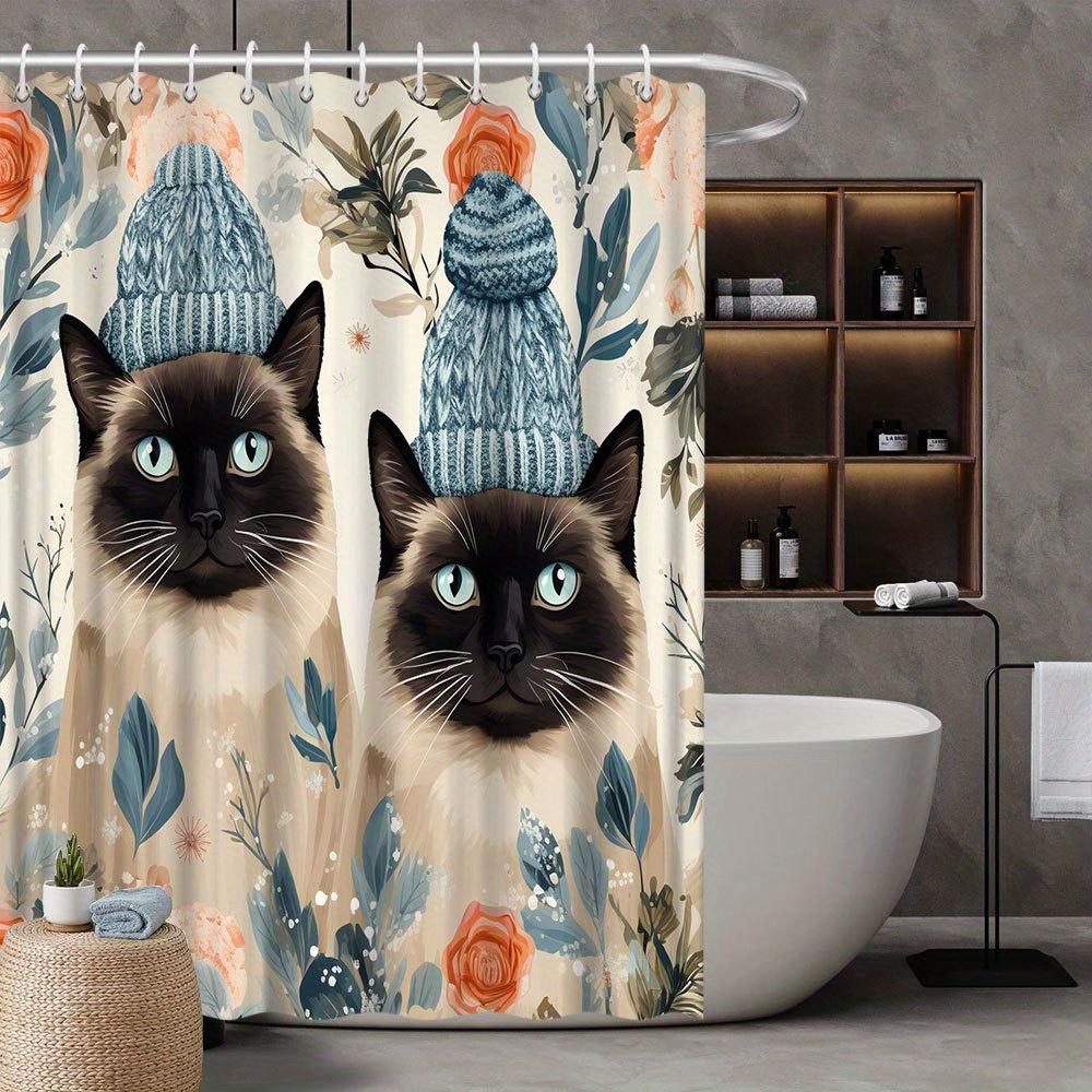Whimsical Siamese Cats Shower Curtain - Knitted Beanies & Floral Design, Polyester, Fade-Resistant, 70.8X70.8", Machine Washable