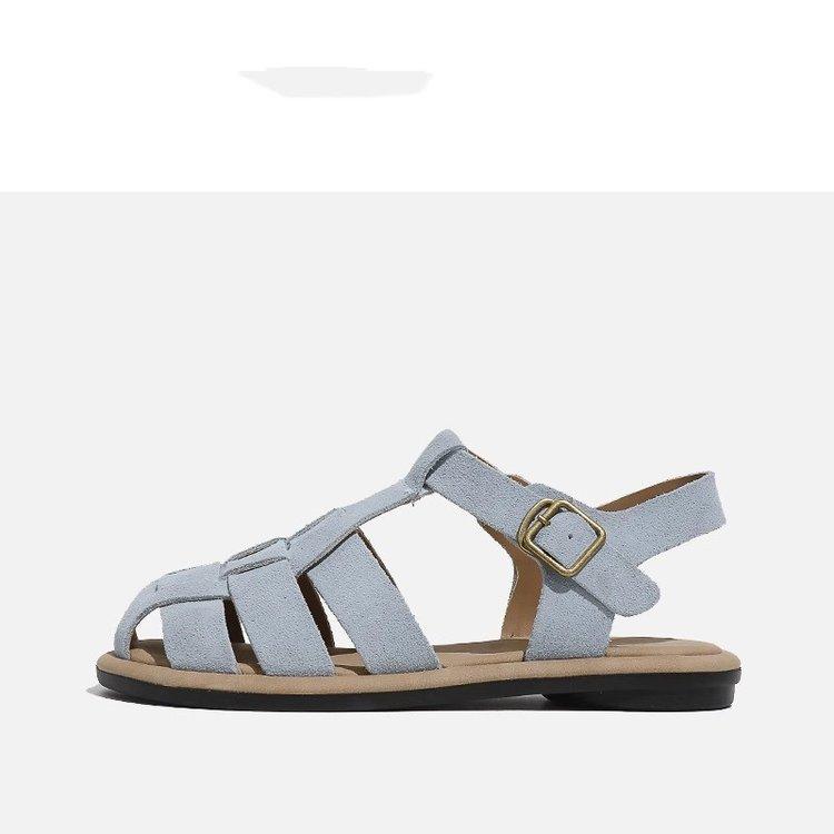 

2025 new summer versatile woven pig cage shoes comfortable retro sandals women s flat-soled soft-soled bag head Roman women s shoes 35 светло-синий