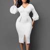 JKASHDK Women's Fashion Autumn Winter Solid Color Print Long Sleeve V-Neck High Waist Casual Cocktail & Evening Dresses