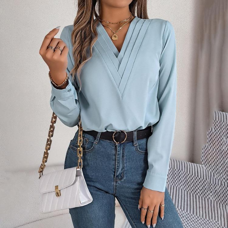 Dámská halenka s dlouhým rukávem a výstřihem do V, šifonový top, jednobarevné tričko, streetové oblečení, dámské tričko