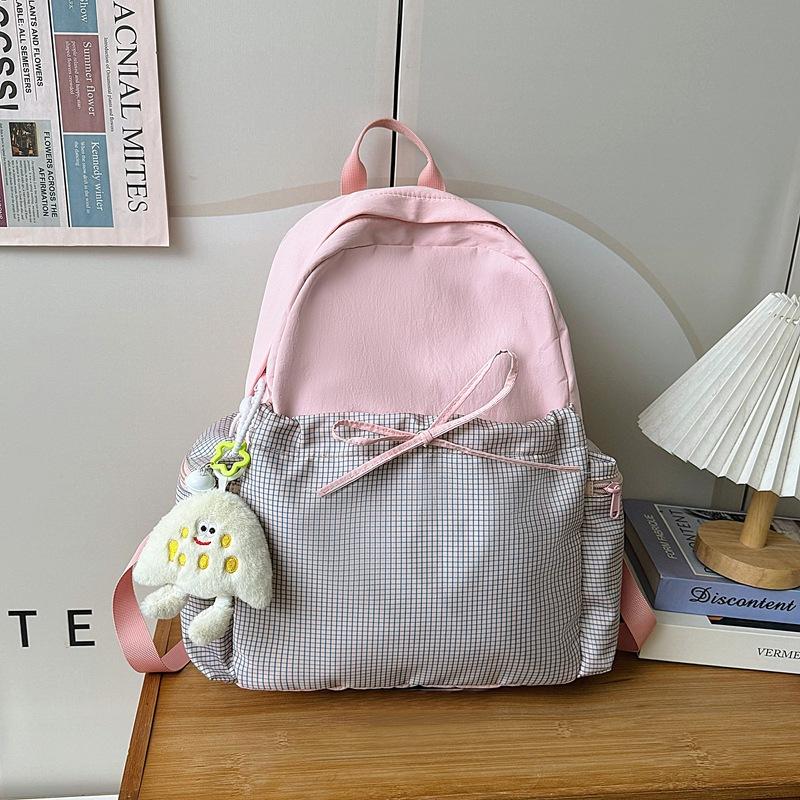 

High-value bow ins niche plaid schoolbag female junior high school student Korean version casual college student travel backpack single bag розовый