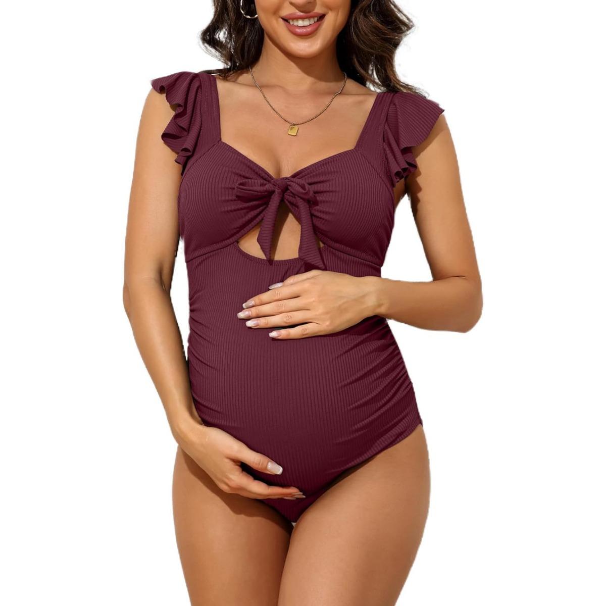 

Charmleaks Купальный костюм для беременных с рюшами для женщин Купальник для беременных в рубчик с завязками и вырезами с рюшами Купальники для беременных L красный