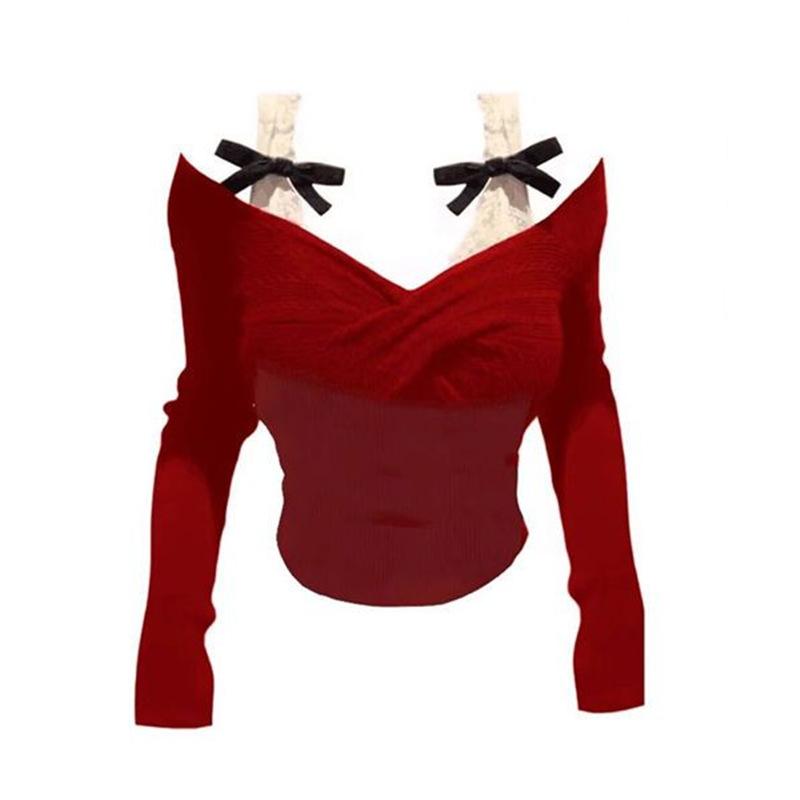 

One Shoulder Lace Long Sleeved T-shirt, Women s Slim Fit Fake Two-piece Long Sleeved Base Top XL червоний