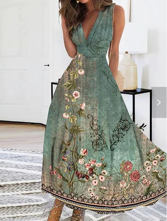 2023 Women's Summer V-Neck High Waist Sleeveless Printed Dress