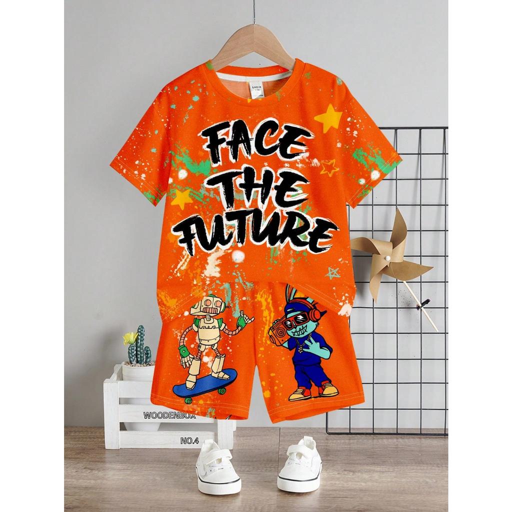 Cool Boy Set 3d Cartoon Print Short Sleeve T-shirt and Shorts for Casual and Comfortable Summer Outing