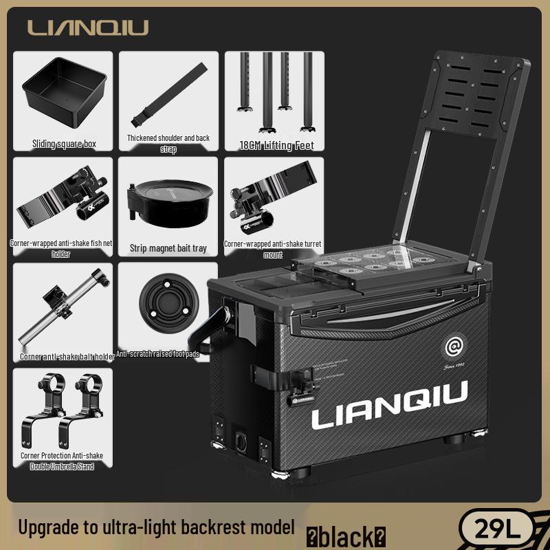 Lian Qiu 2025 Black Warrior Fishing Tackle Box with Backrest - Full Set 29-Slot Fish Box.