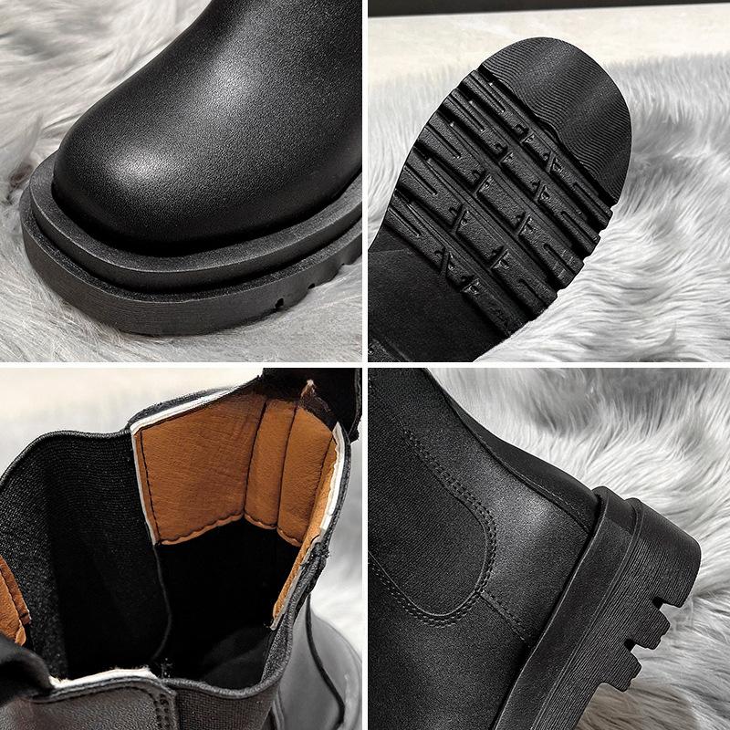 Mode Damenstiefel Plateau-Stiefel Neue PU-Leder Stiefeletten Hohe Qualität Quadratischer Absatz Stiefel Schwarz Flach Lässiger Stiefel Botas Mujer