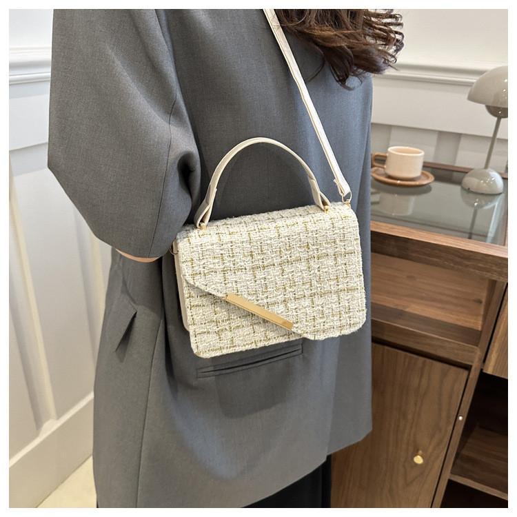 Simple Woven Plaid Texture Diagonal Buckle Women Small Square Bag Casual For