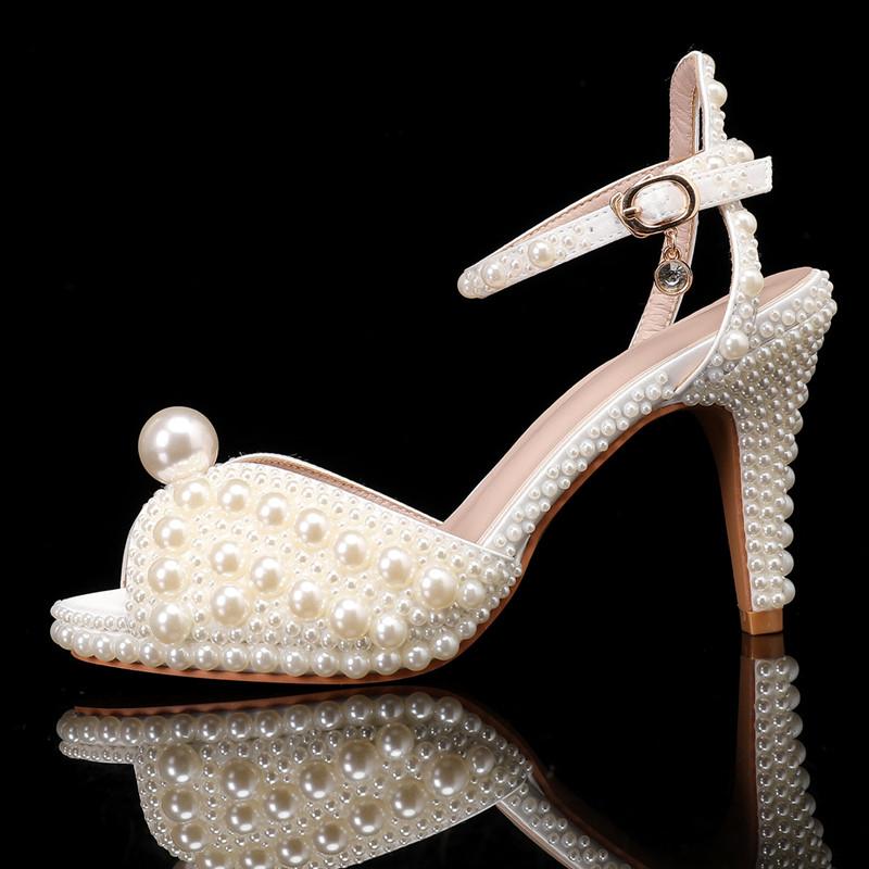 Luxury All Pearls Rhinestones Peep toe Women Sandals Ankle Strap Platform Thin High heels Elegant Bridal Wedding Shoes