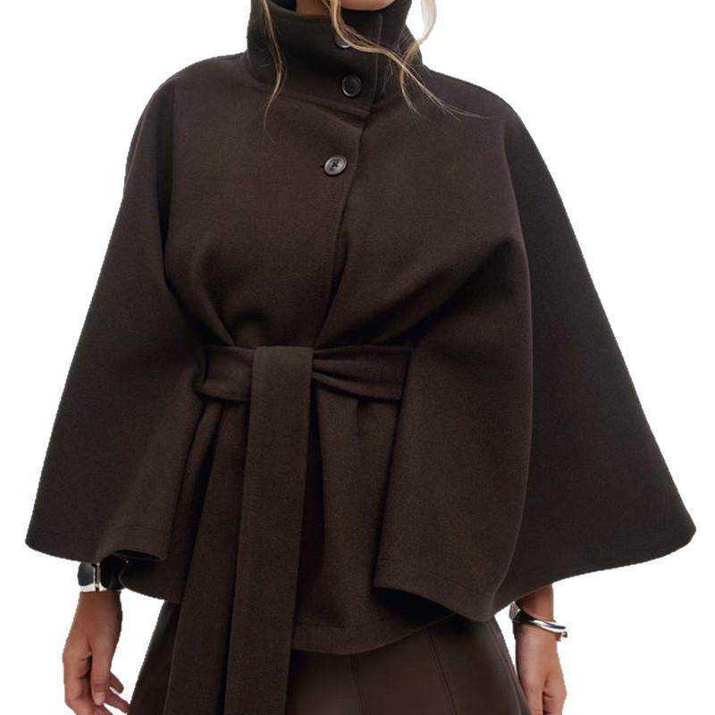 European and American Women's Autumn/Winter Wool Cape Coat with Stand Collar and Belt