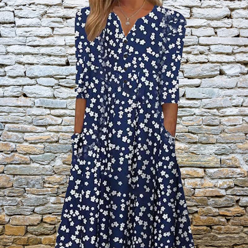Women's Spring and Summer Printed Pocket V-neck Loose Casual Long Dress