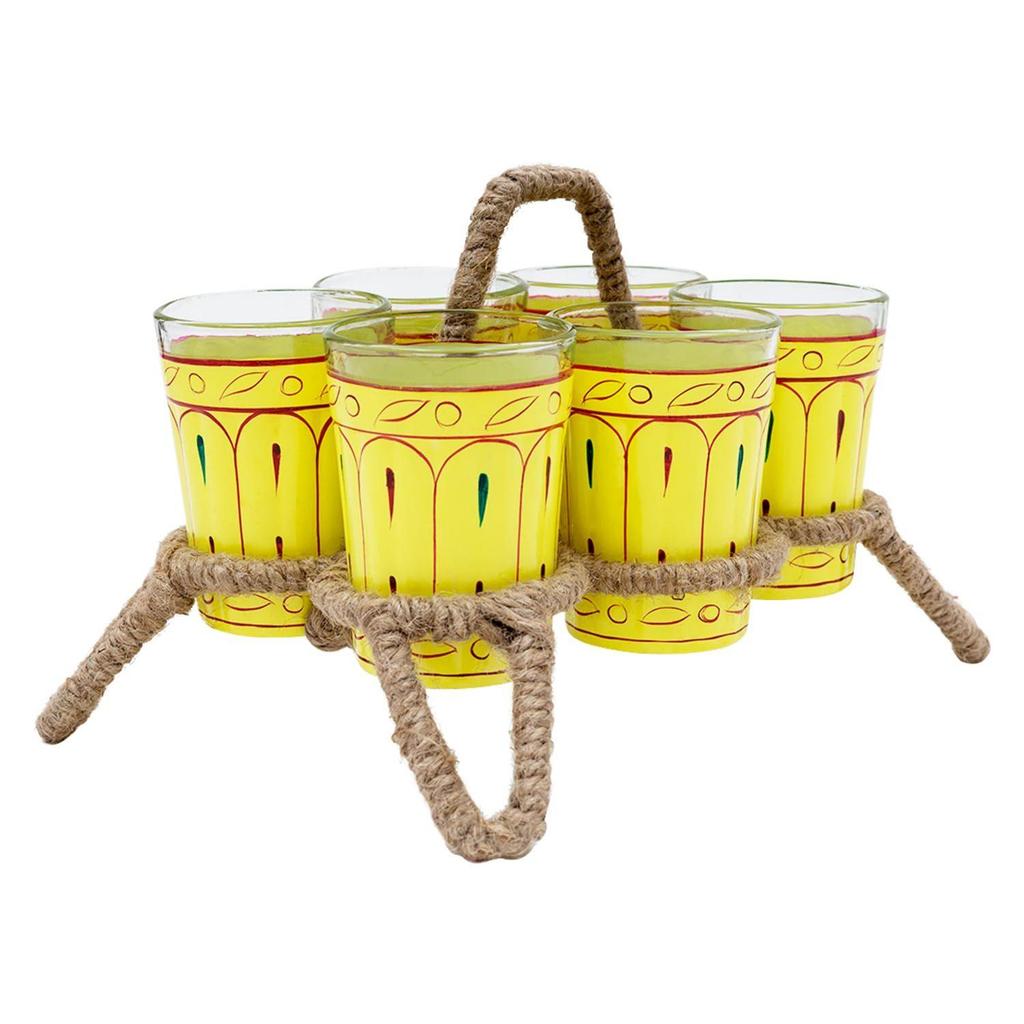 Handcrafted & Handpainted Multicoloured Aluminium Tea Kettle Pot and 6 Glasses with Stand (Yellow, Green, Brown)