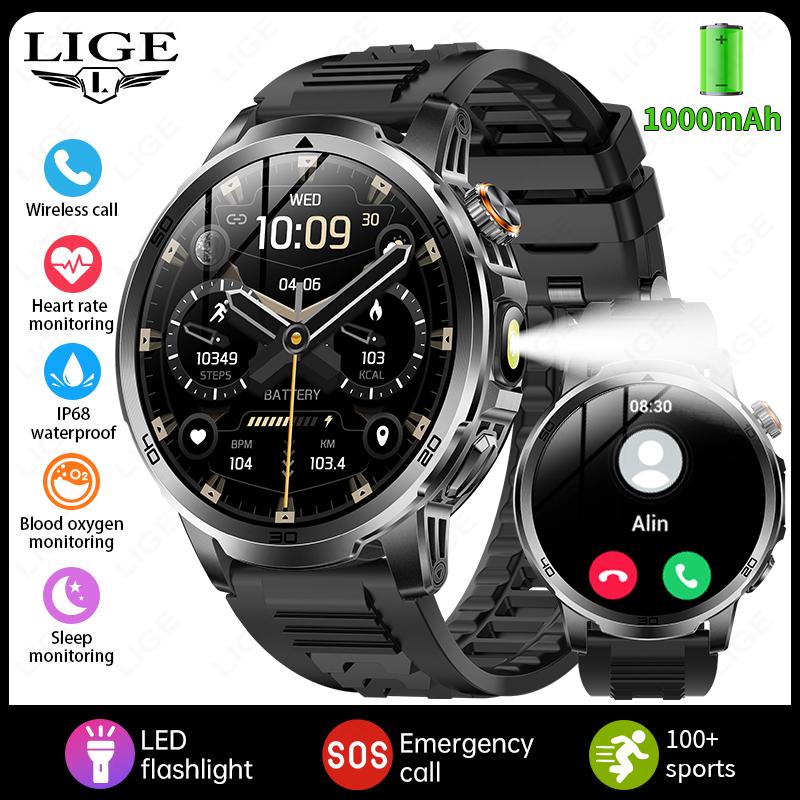 Outdoor Smart Watch Men 1000mAh Battery LED Flashlight SmartWatch Bluetooth Call Heart Rate Waterproof Sports Smartwatch