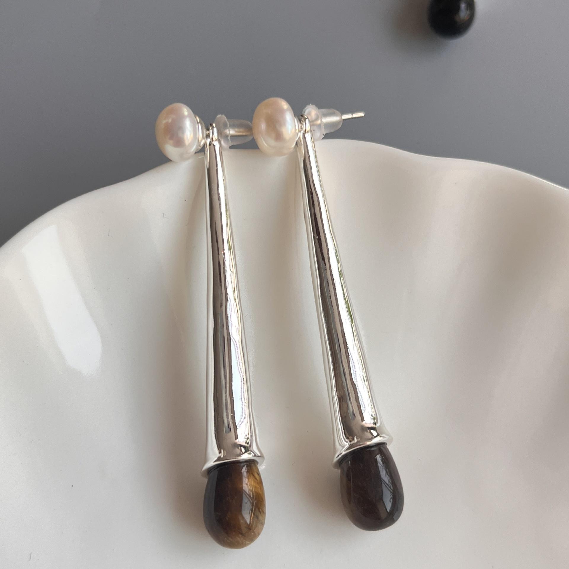 

Серьги-подвески в виде капель воды из французского черного агата в стиле ретро, женские универсальные длинные серьги-гвоздики с жемчугом из серебра 925 пробы