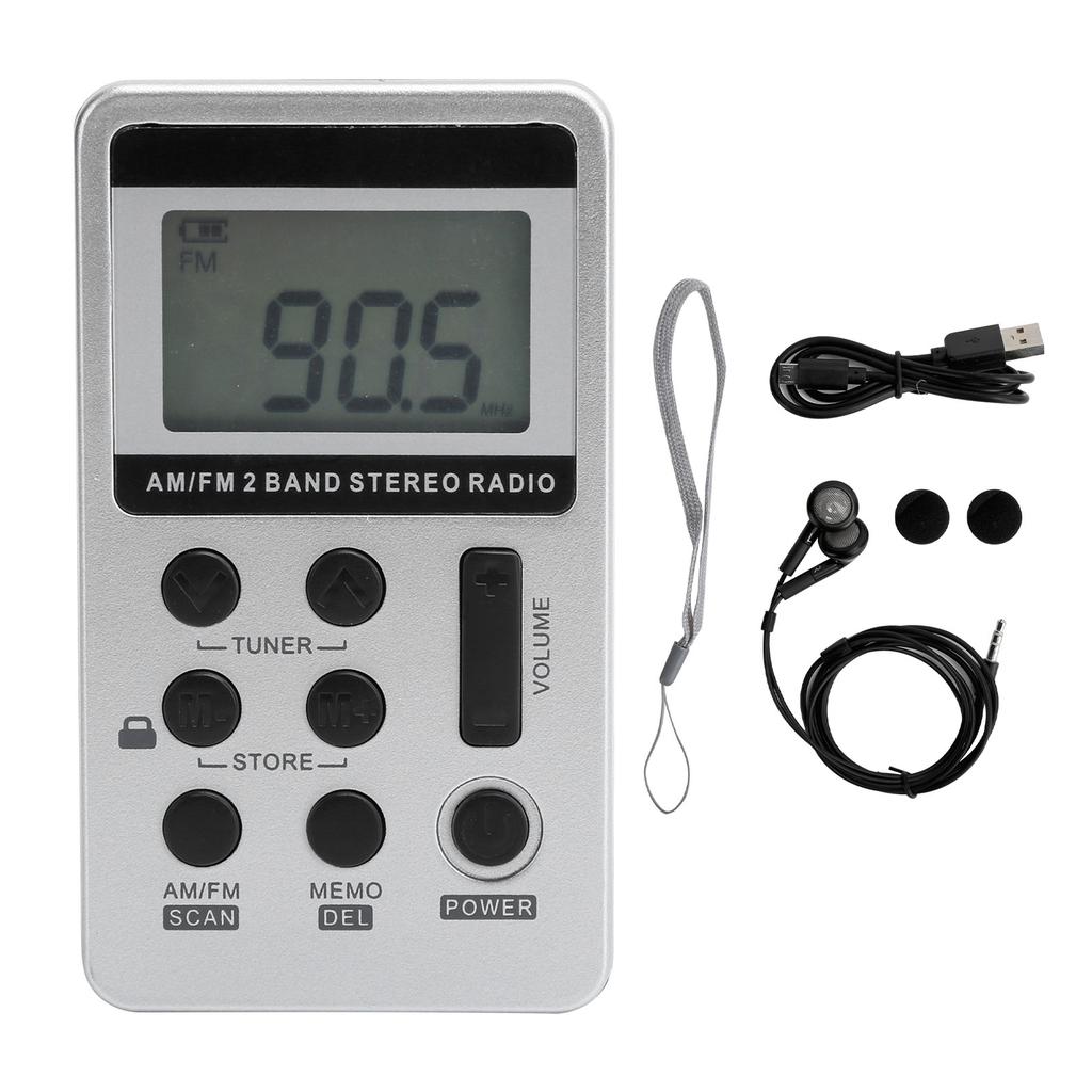 QQT103 Profesionální rádio Mini Přenosný FM AM Stereo Přijímač LCD Displej se Sluchátkem Stříbrný