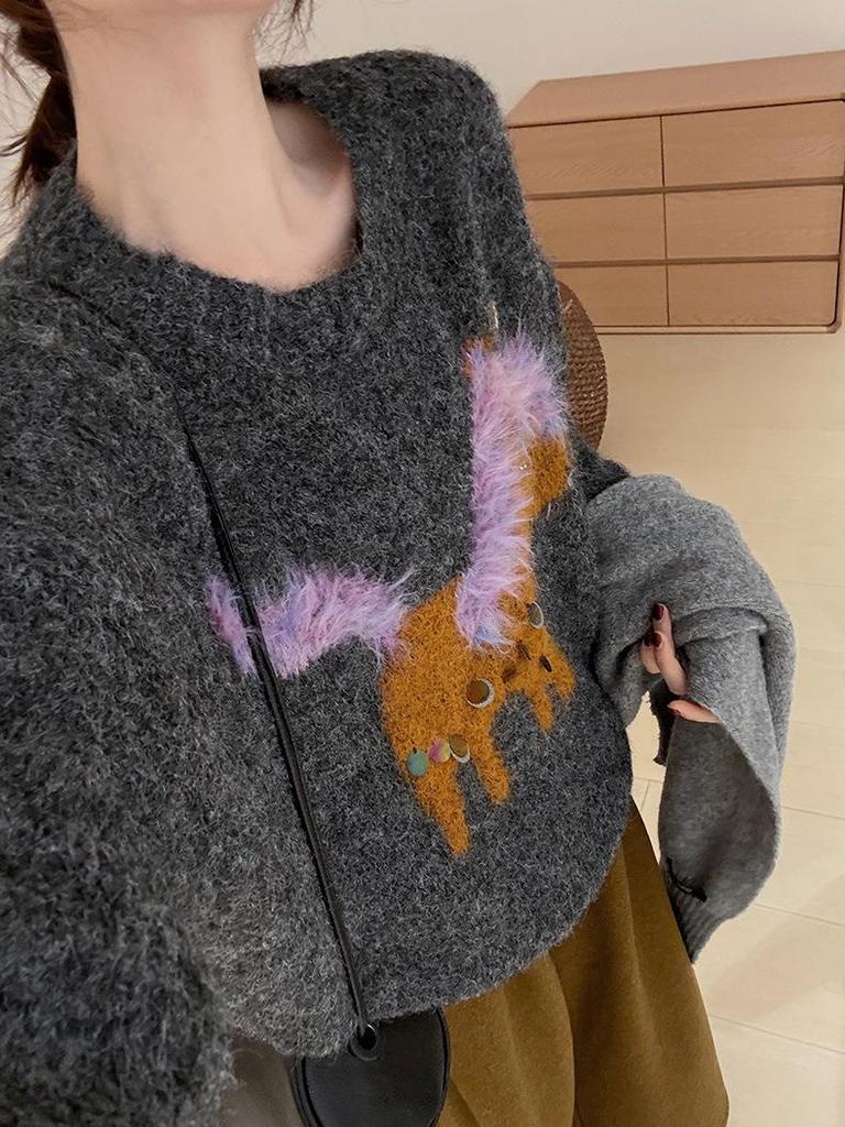 Women's Red Round Neck Pony Hair Sweater with Sequined Inner Layer - 2025 New Year Style Winter Knitwear.