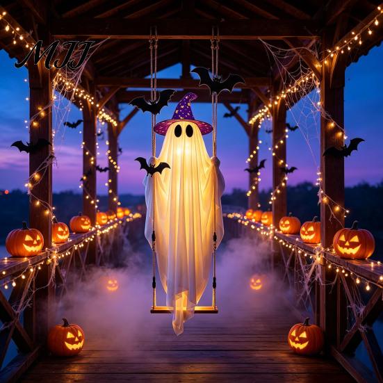 Batteriebetriebene LED-Geisterdekoration Halloween Schwingender Geister-Hängeornament mit Lichterkette für Außendekoration, Verstellbare Horror-Themen-Rasenfläche