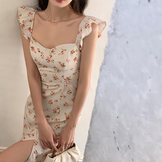 Women Summer Maxi Dress Side Split Elastic Bust Sleeveless Flower Print Ruffle Dress-up Patchwork Backless Women Dating Dress Female Clothing