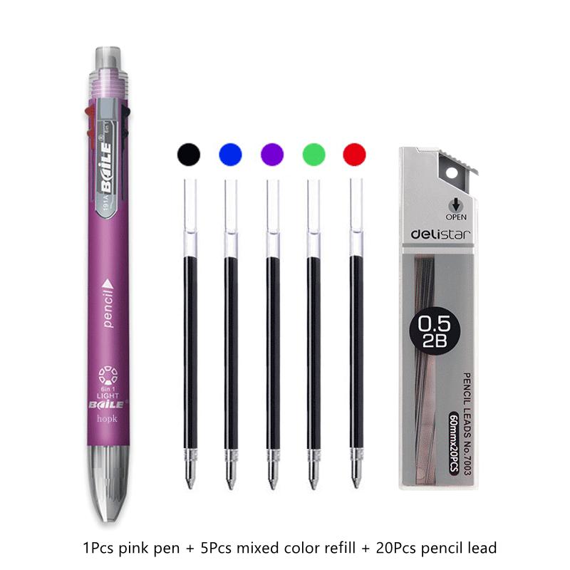 6 in 1 Multifunctional Pen 0.7 mm Ballpoint Pen 5 Colors and 0.5 mm Mechanical Pencil in One Pen for School Office Supplies