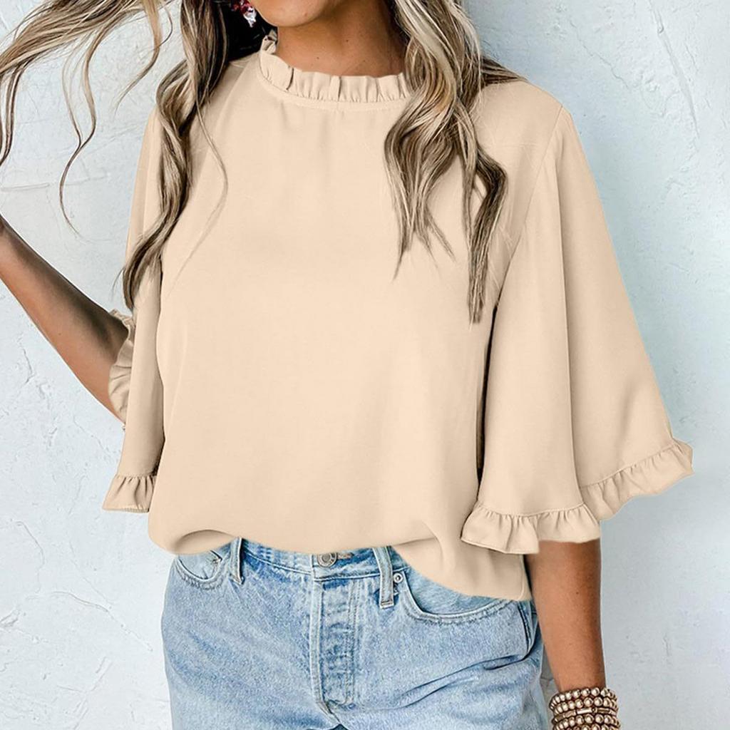 Women's Fashion Round Neck Blouse Half Sleeve Shirt with Ruffle Trim Casual Top for Daily Wear Lightweight and Comfortable Design