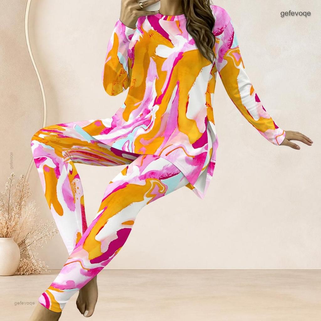 Women Plus Size Printed Round Neck Long Sleeve Top And Fitted Long Pants Two Piece Set