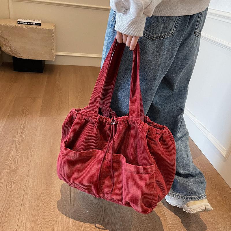 Japanese Retro Corduroy Handbag Canvas Large-Capacity Underarm Bag Fashion Drawstring Shoulder Women'S Bag