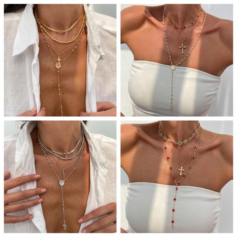Luxury Rhinestone Cross Pendant Necklace For Women Girls Vintage Colorful Long Y-Shaped Necklace Hip Hop Party Body Jewelry Gift