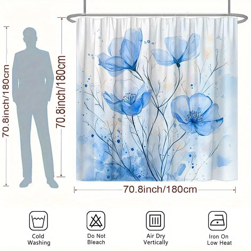 ~O~1pc Elegant Blue Flower Shower Curtain - Delicate Petals, Light Blue Gradient, Minimalist Design, Polyester,70.8x70.8In,12 Ho