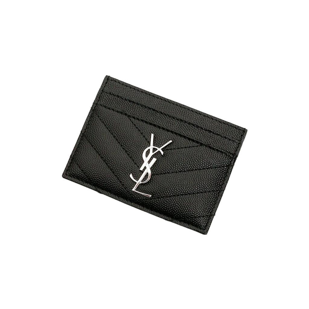 Saint Laurent Ysl Monogram Silver Logo Grainy Embossed Quilted Leather Card Holder Women Card Holder Black 423291-BOW02-1000