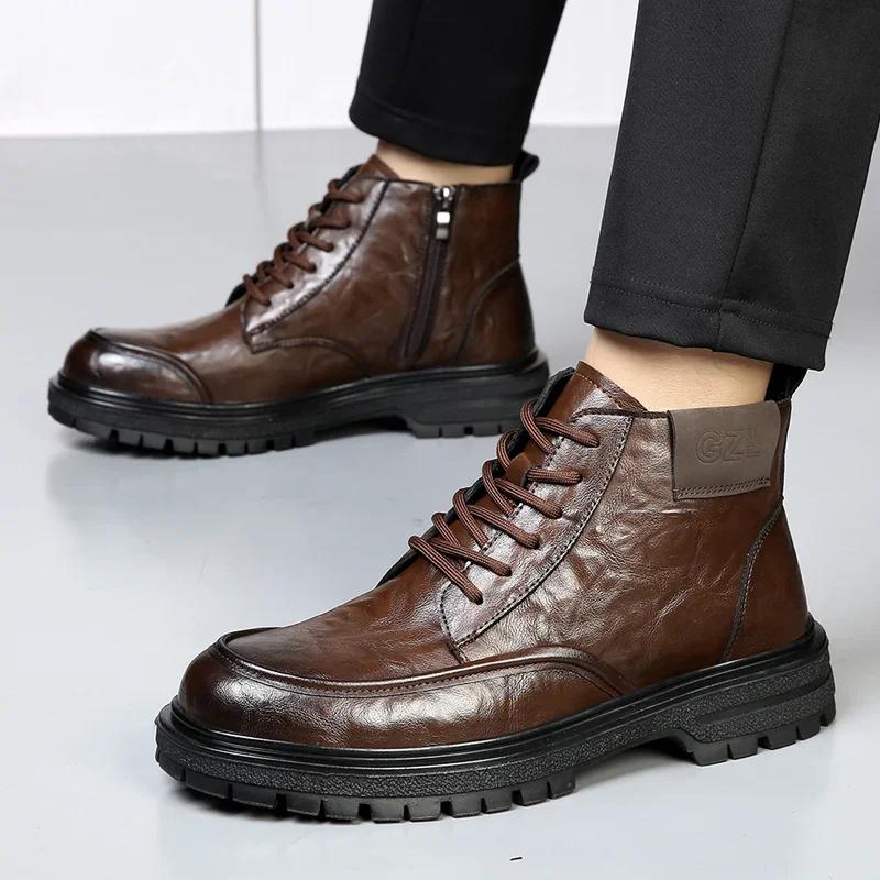 FashionLeather Boots Man Winter High Top Classic Basic England Black Men's Ankle Boots Fashion Young Plush Warm Trendy All-match Shoes