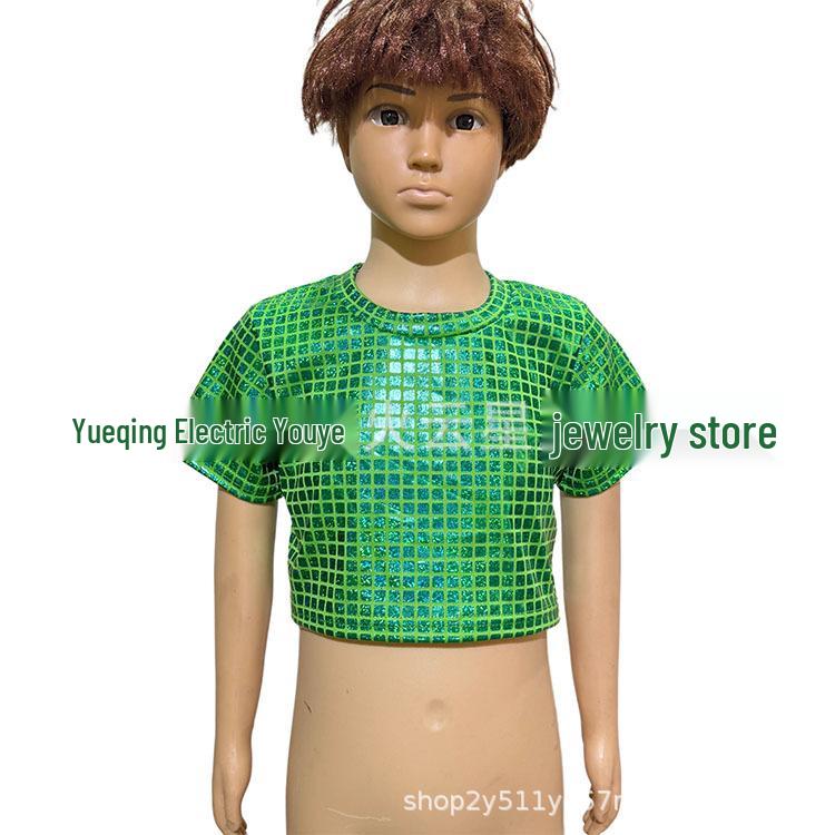 Unisex Shiny Sequin Plaid Off-Shoulder Crop Top (Short Sleeve) for Performances