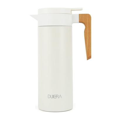 DUIERA 1,5 Liter Thermoskanne, Isoliert, 1500ml, Stilvolle Edelstahl-Teekanne mit Holzgriff und Deckel, Tischkannen, Weiß