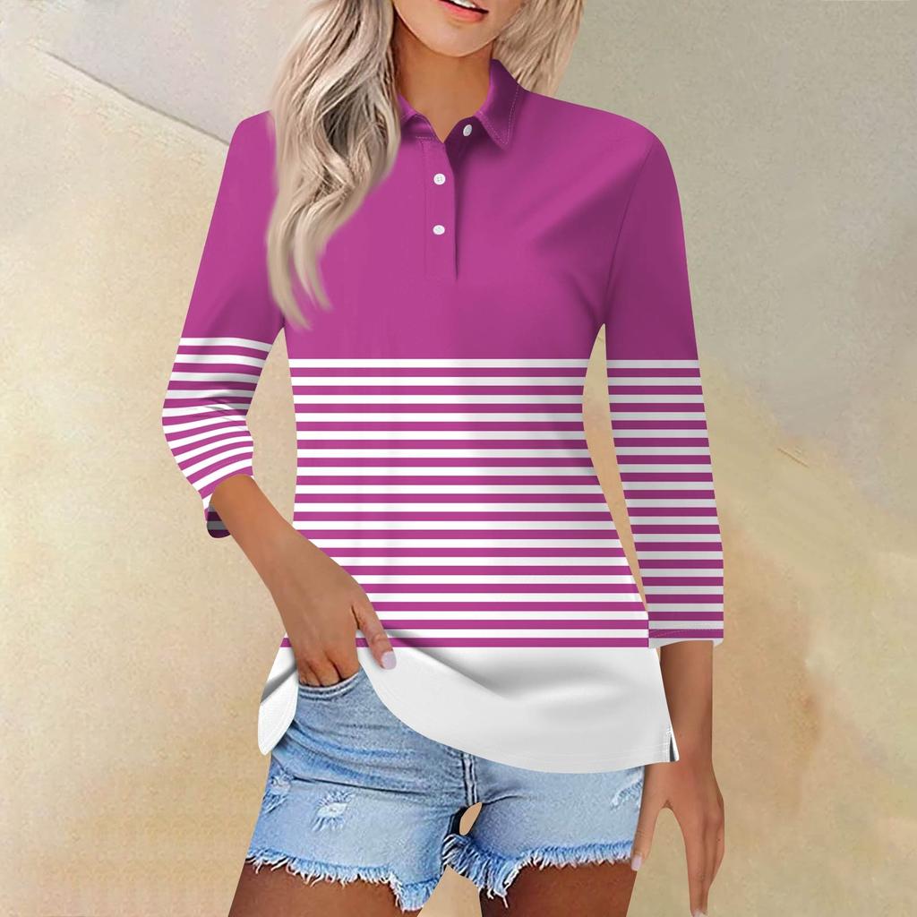 Dámská móda Neformální klopa Krátká košile s 3/4 rukávem s potiskem Dámské topy se zapínáním na knoflíky