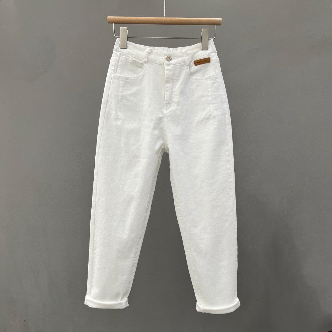 

Women s Versatile Off-White Harem Denim Pants with Elastic High Waist - Spring/Summer Casual Loose Fit M (recommended 40-52.5 kg)
