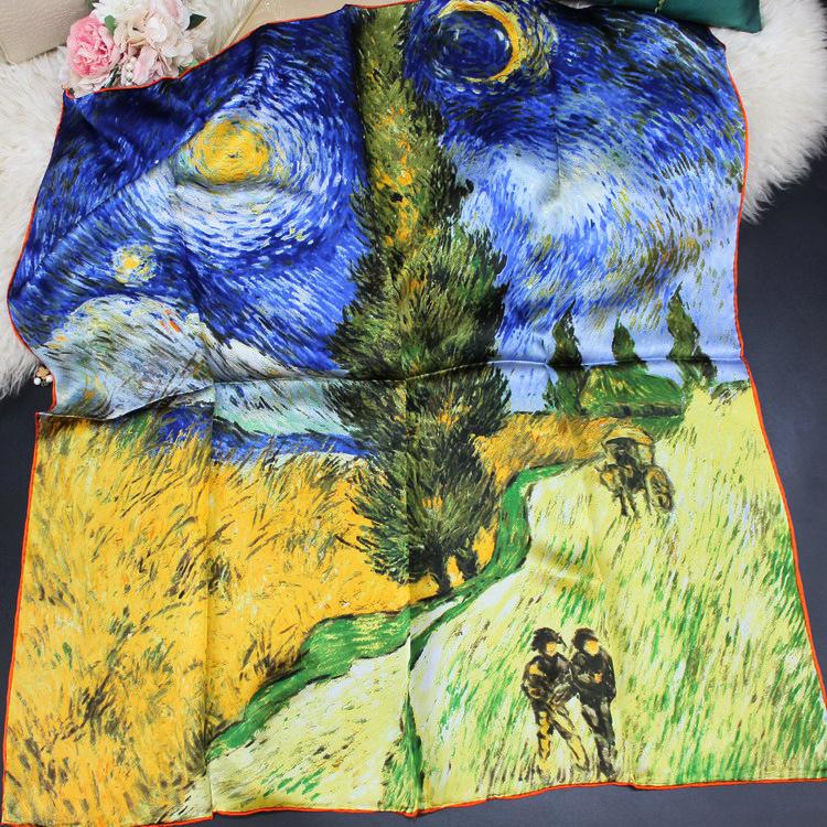 High-end famous painting Van Gogh oil painting starry sky silk 90 square scarf spring and autumn thin mulberry silk scarf summer sunshade shawl