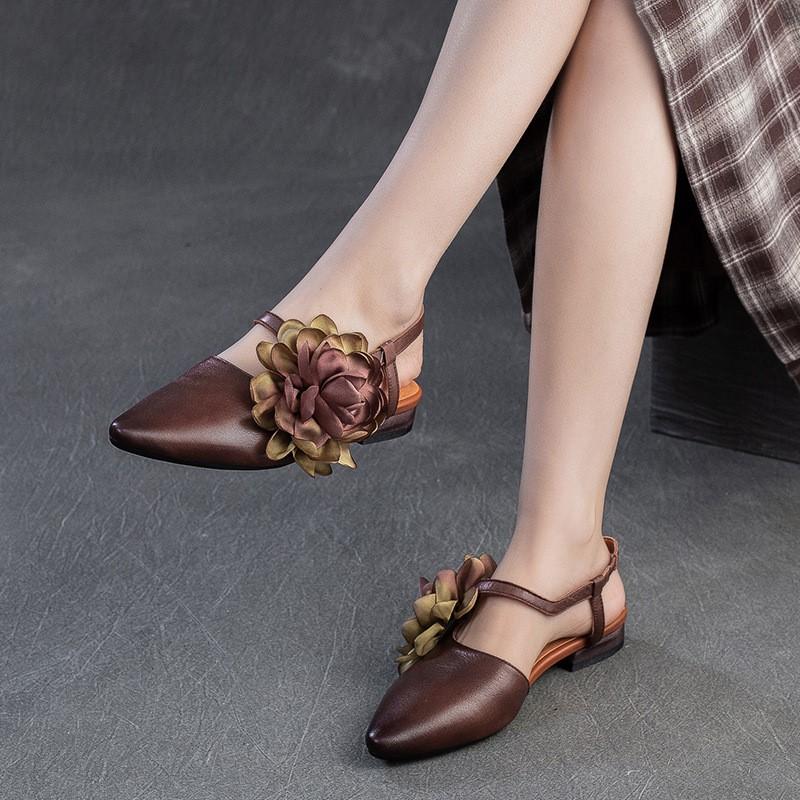 Fashion GKTINOO Genuine Leather French Flower Pointed Toe Sandals 2025 Summer New Retro Versatile Women's Low Heel Shoes