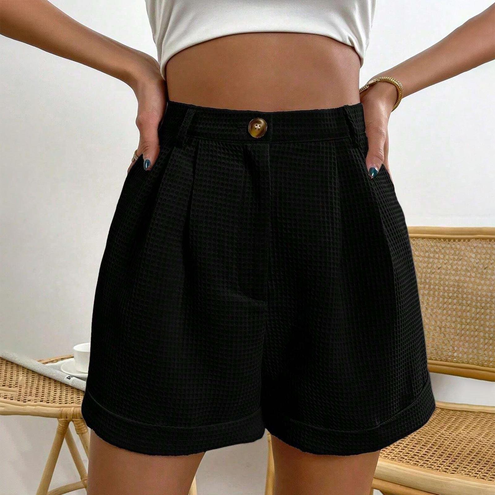 Women s High-Waisted Pleated Shorts with Button Closure Casual Summer Fashion Lightweight Black Shorts for Ladies L