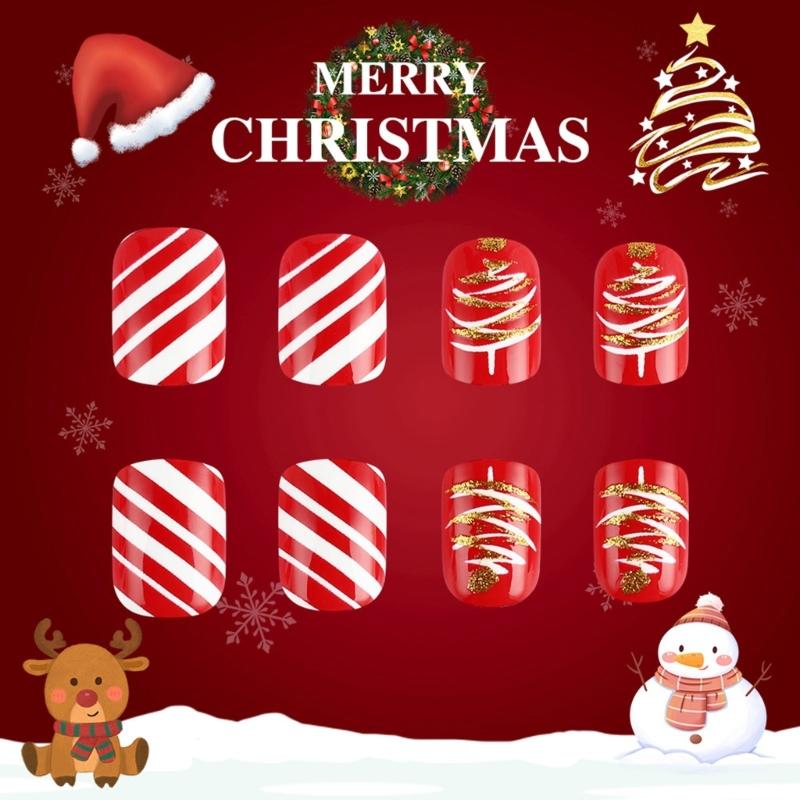 Christmas Short Square False Acrylic Nails with Elk Snowflake Designs and Winter Artificial Nail Art for Women and Girls