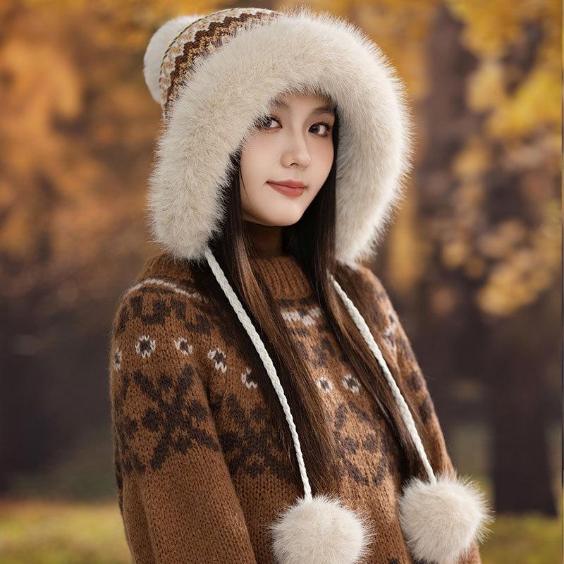 Ethnic Style Furry Warm Hat Women's Winter Plush Thickened Hairball Cold Hat Outdoor Ski Hat