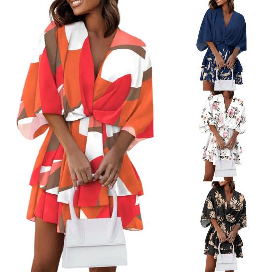 V-Neck Batwing Half Sleeve Layer Ruffle Hem Mini Dress Summer Casual Waist Drawstring Leaves Print Mini Dress Female Clothes