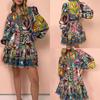 Women S Vintage Elegant Stand Collar Printed Tie Short Dress