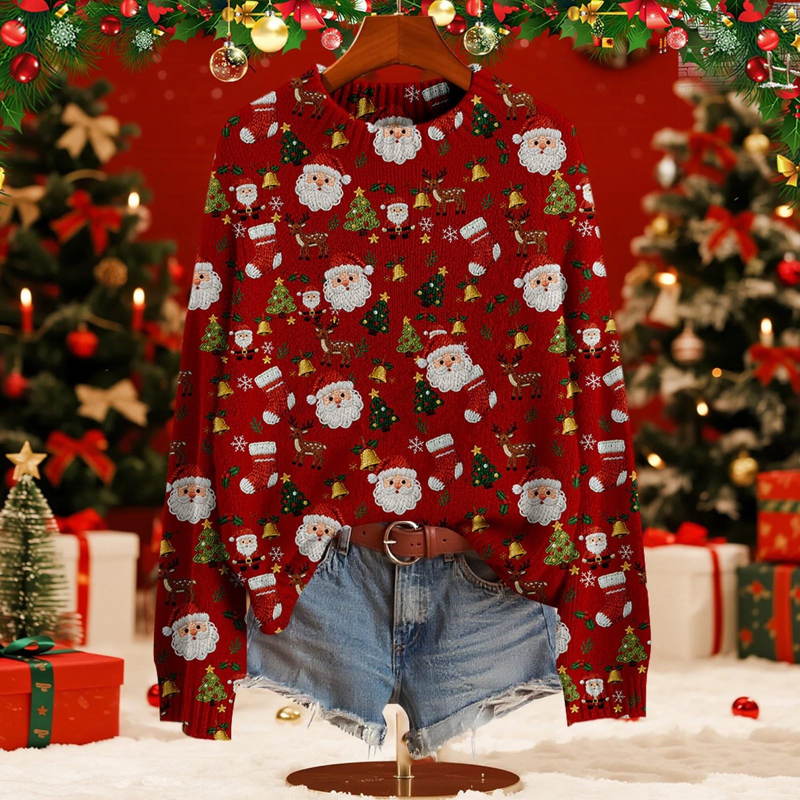 Women s Fashion Christmas Print Stylish Elegant Long Sleeve Top L