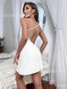 Sexy short backless home nightdress, solid color summer V-neck cross suspender skirt simulation silk thin dress women