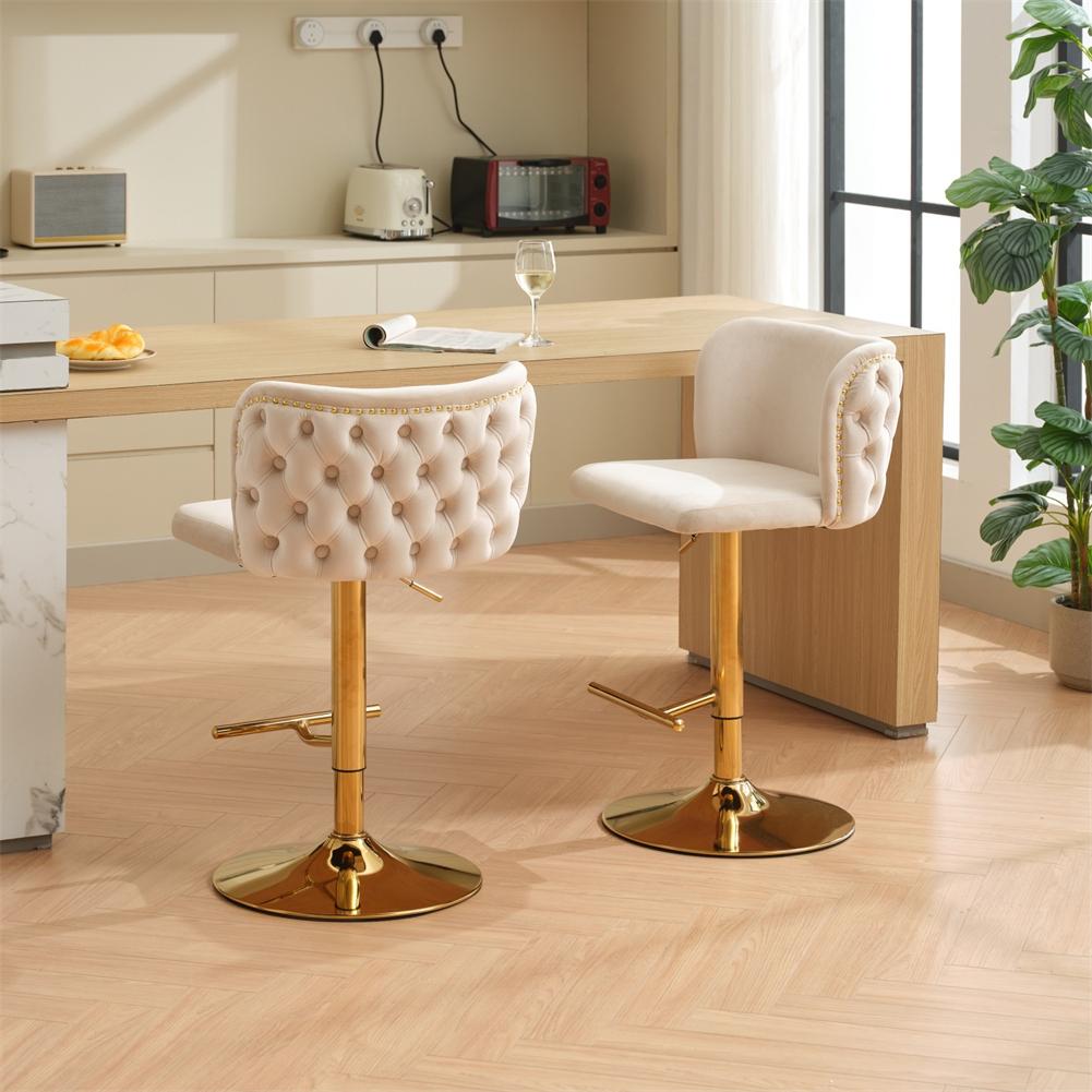 US Stock Set Of 2 Swivel Barstools Adjustable Seat Height With Gold-plating Base Tufted Back For Home Pub And Kitchen Island