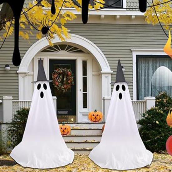 55" Solar Ghost Light for Halloween Outdoor Decoration Waterproof Light Up Standing White Ghost with Witch Hat