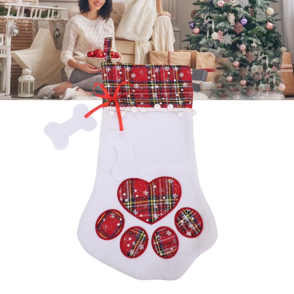 Xmas Stocking Large Capacity   Plaid Pet Foot Hanging Stocking Decoration for Present Bag