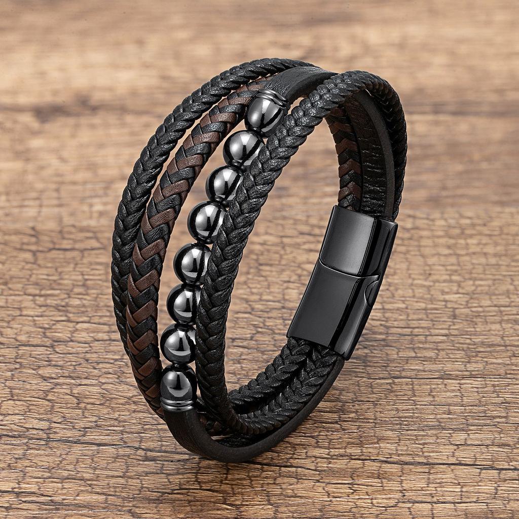 2026 European and American Buckle Fashion Jewelry Multi-layer Leather Rope Hand-woven Bracelet Stone Bracelet