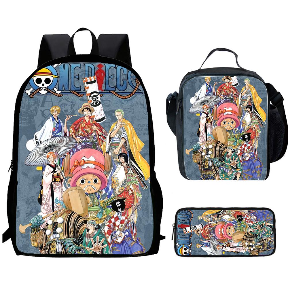 One Piece 15-Inch Mochila 3 Pcs Lightweight Adjustable Cartoon School Backpack With Lunch Bag Pencil Case For Children Ages 6-10